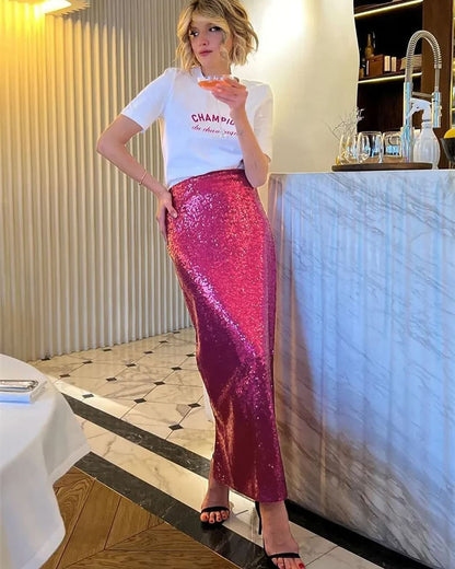 2025 2025 new fashionable high-waisted and thin sequined skirt women's elastic waist back split elastic straight skirt