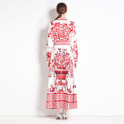 Retro court style long-sleeved lapel waist thin lace-up celadon printed a-word dress elegant dress long dress