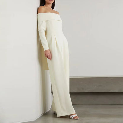 2025 Temperament elegant solid color jumpsuit  spring new fashion one-word collar long sleeve waist thin jumpsuit women
