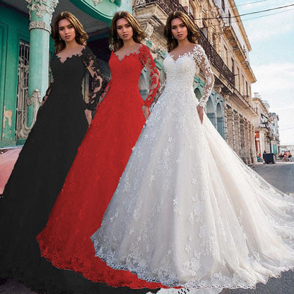 2025 New  Women's Clothing  Dress Long Sleeve Solid Color Perspective Lace Bridal Wedding Dress