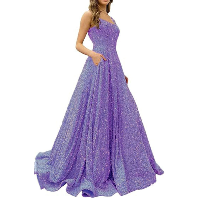 LOVECCR Foreign Trade  Prom Dresses Long A- line Formal Evening Gown with Pockets Side Slit Glitter Party Dress