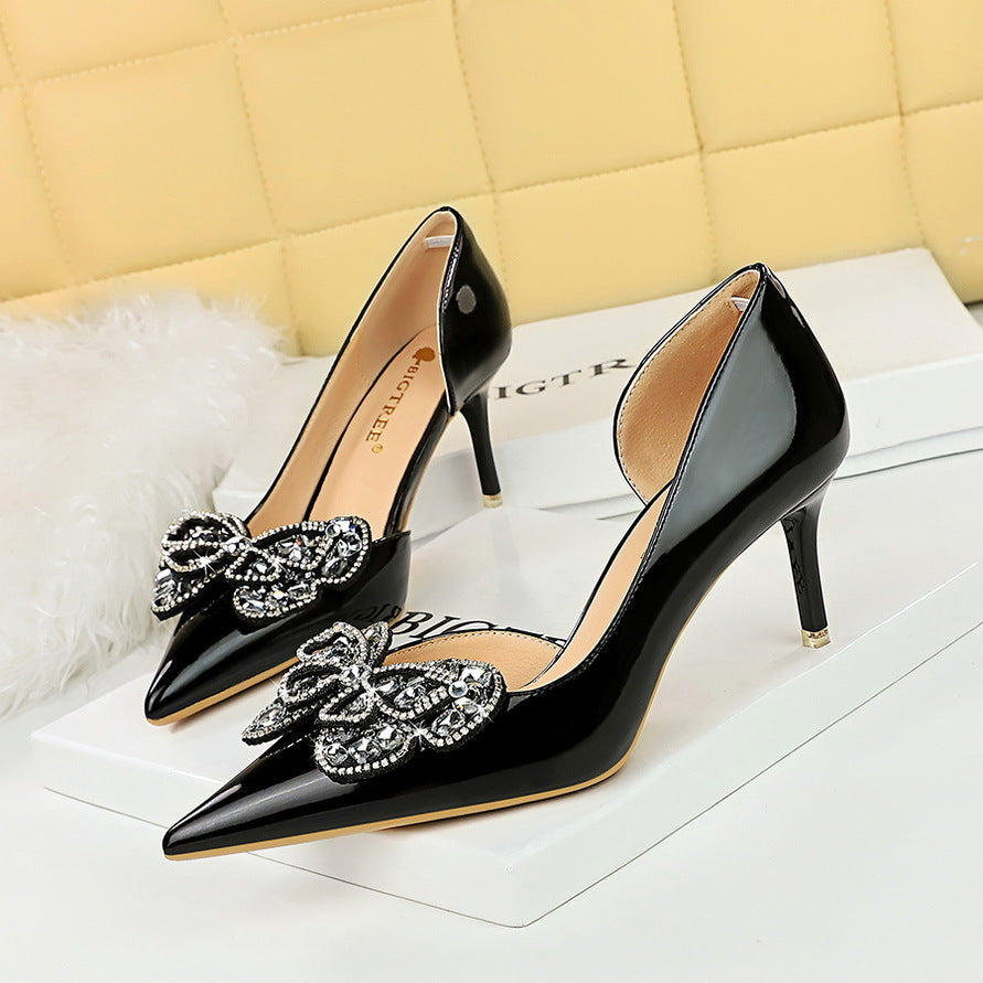 LOVECCR 2025 638-AH23  style banquet high heels thin heel shallow mouth pointed patent leather side hollow rhinestone bow single shoes