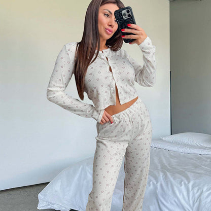 LOVECCR 2025 spring new comfortable casual knitted loungewear love printing long-sleeved trousers pajamas women's New