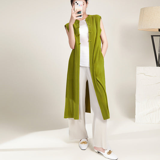 2025 sleeveless trench coat vest long slim and thin versatile split pleated retro Chinese coat female autumn