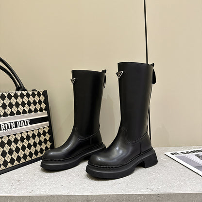 2025 Thick-soled knight boots women's  new trend British style thick heel heightening sleeve Chelsea cowhide medium and high boots
