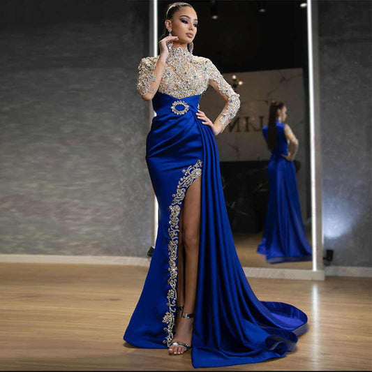 Popular trade new  women's dress blue sprinkled gold split splicing semi-turtleneck evening dress