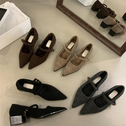 2025  Evening breeze gentle material shallow mouth single shoes velvet one-word buckle Mary Jane shoes pointed thick heel cotton ladyshoes women
