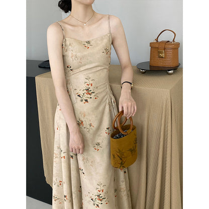 Jiangzuo Apricot Flower Smoky Rain New Chinese Style Retro National Style Spring/Summer Improved Cheongsam Sling Dress Suit 776