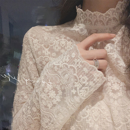 Autumn and winter new Popular-style shirt women's semi-turtleneck embroidered flower exquisite inner lace shirt super fairy mesh bottoming top