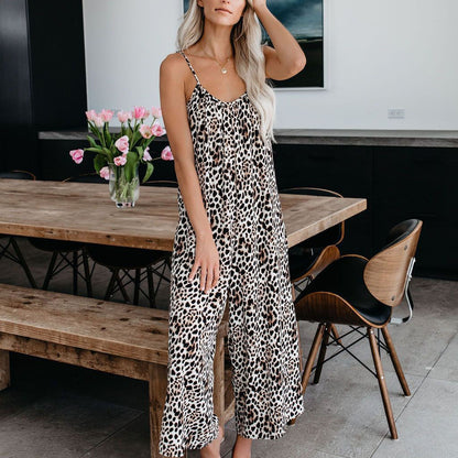 new New summer   women's jumpsuit suspenders sexy wide-leg casual printed trousers