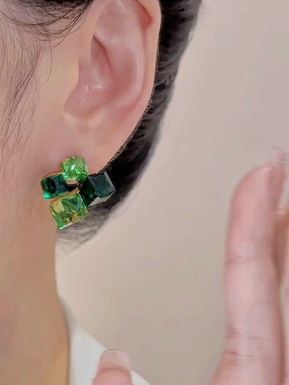 Temperament green zircon crystal square stud earrings women's 925 silver needles exquisite versatile light luxury high-end earrings earrings