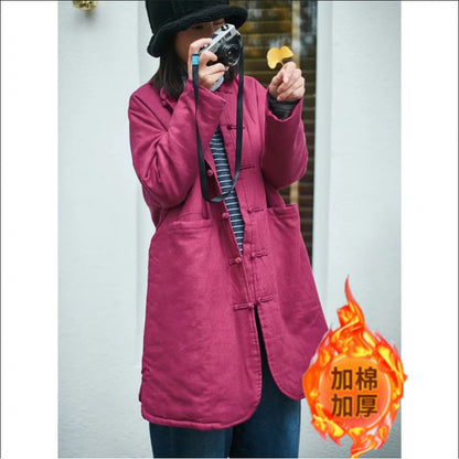 Thickened popular autumn and winter new loose large size retro literary placket Chinese medium and long cotton-padded clothes warm tea clothes jacket