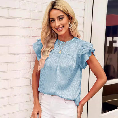 2025 Popular, ,  New women's clothing summer new fashion versatile printed lotus leaf sleeve wavy collar women's top