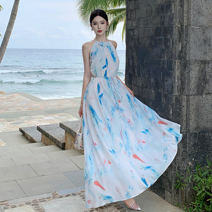 2025 Dopamine wear skirt summer thin chiffon skirt new seaside vacation oil painting high-end neck dress