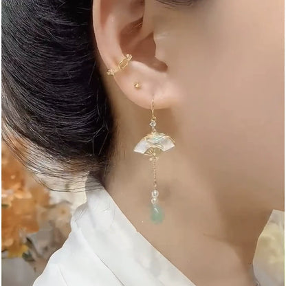 Temperament New Chinese fan-shaped fringed earrings women's fashion high-end ear hook earrings 2025 new light luxury earrings