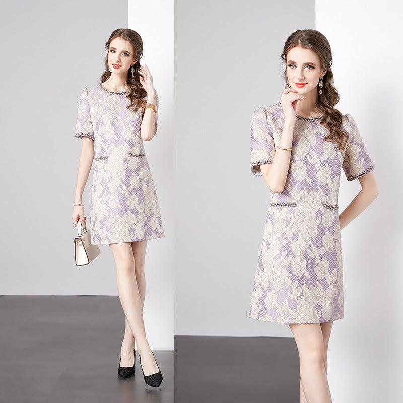 Temperament socialite short-sleeved women's a-word skirt fashionable and thin jacquard dress high-end summer  new