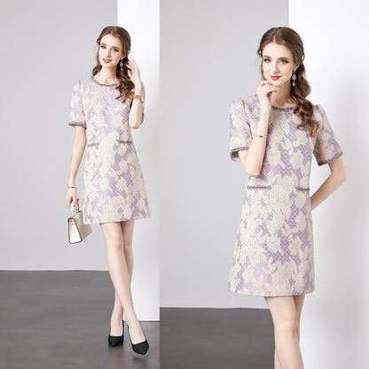 Temperament socialite short-sleeved women's a-word skirt fashionable and thin jacquard dress high-end summer  new
