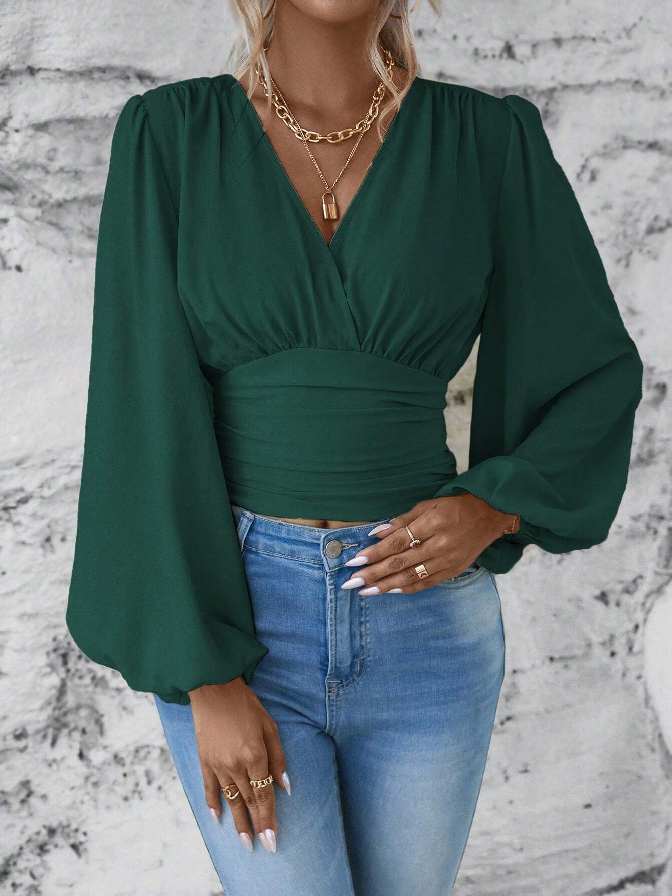 2025 popular Popular, ,  New spring and autumn new fashion waist V-neck bag sleeve solid color wrinkled T women's long-sleeved top