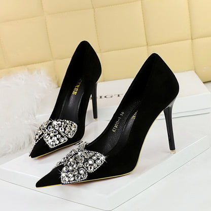 LOVECCR 2025 9511-H29  banquet high heels thin heel super high heel suede shallow mouth pointed rhinestone bow single shoes women