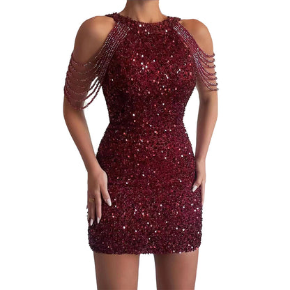 Spring   new sexy fashion neck off-the-shoulder fringed hip-wrapped crystal splicing sequin dress