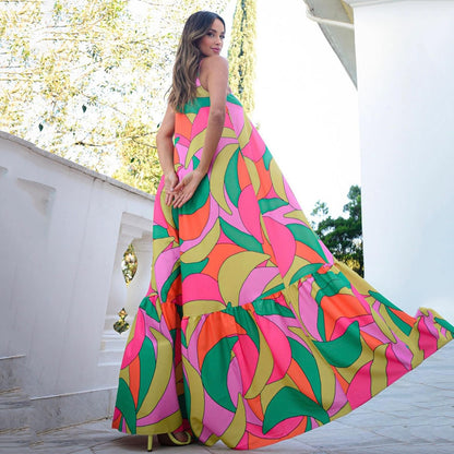 New new spring and summer  women's clothing deep V backless dress Bohemian floral suspender long skirt