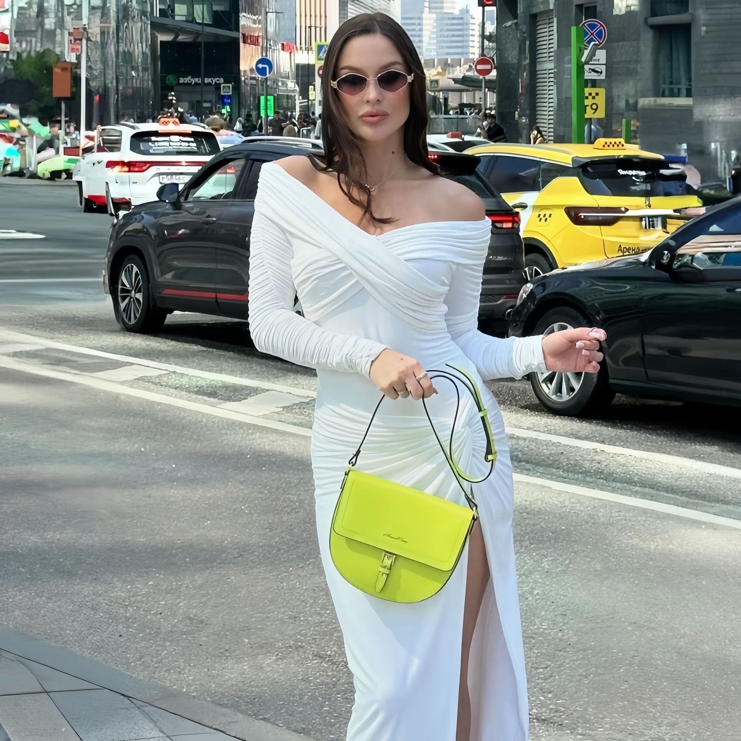 LOVECCR2025 cross-border women's clothing  autumn new fashionable solid color off-the-shoulder tube top split-pleated long-sleeved dress