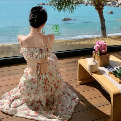 2025 Fairy Fan Beach Dress Fairy Holiday Dress Hollowed Out Large Skirt Waist  Suspender Halter Dress