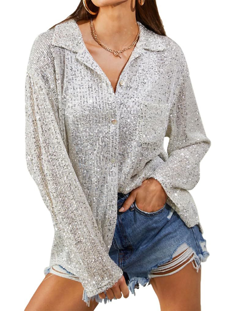 autumn  New women's clothing 's new fashion sequined long-sleeved lapel temperament casual shirt