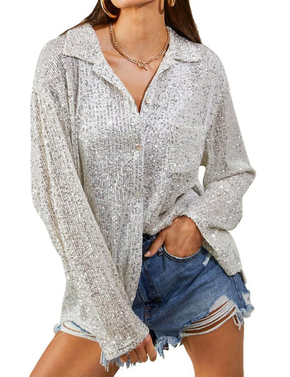 autumn  New women's clothing 's new fashion sequined long-sleeved lapel temperament casual shirt