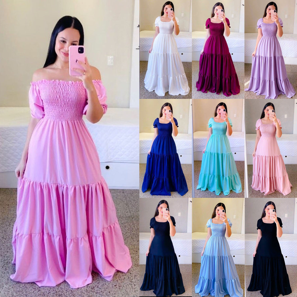 New new spring and summer  women's clothing dress one-word shoulder floral off-the-shoulder long color fairy skirt