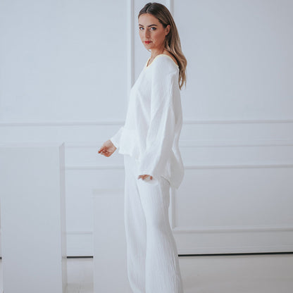 LOVECCR 2025 New winter pajamas contrasting color splicing casual long-sleeved trousers warm pure cotton soft women's loungewear