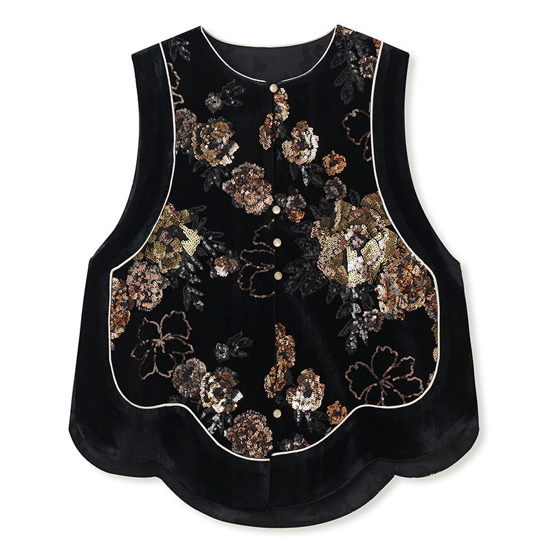 spring new national style new Chinese temperament vest light luxury sequins embroidered mulberry silk vest women MZ093