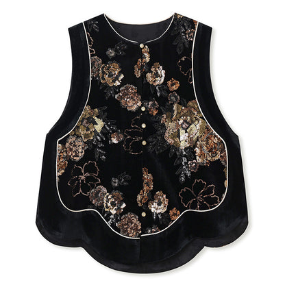spring new national style new Chinese temperament vest light luxury sequins embroidered mulberry silk vest women MZ093