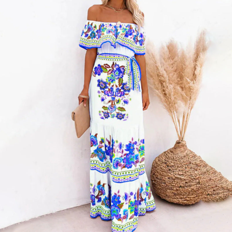 2025 Popularan, 2025n spring and summer independent station 's new one-word shoulder red flower printing long pendulum dress
