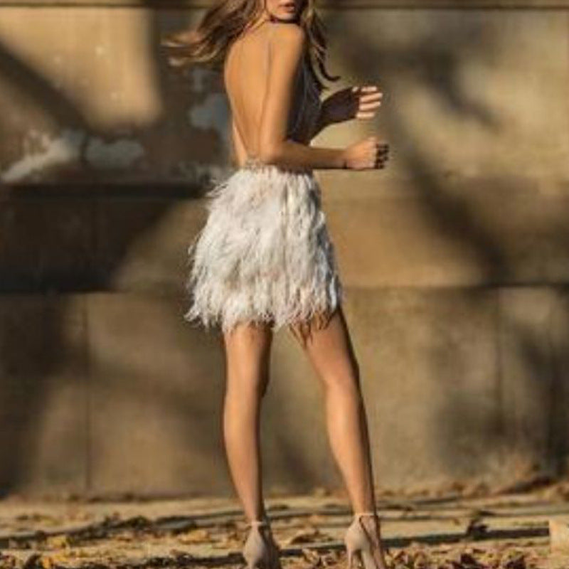 INS autumn and winter new 2025 Popular trade  suspender V-neck feather dress sexy women's banquet evening dress