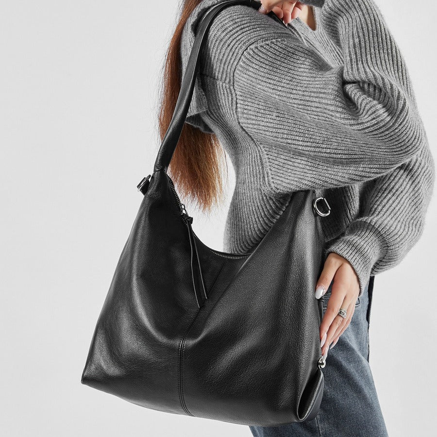 2025 Retro commuter large capacity armpit bag fashion solid color casual shoulder bag leather commuter tote bag