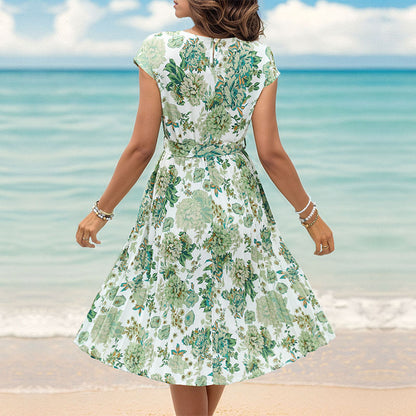 LOVECCR Summer short-sleeved lace-up pleated dress  temu hot sale fashionable women's clothing elegant temperament simple skirt
