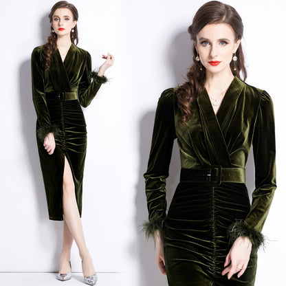 Temperament Celebrity Golden Velvet Dress Women's  Autumn and Winter New V-Neck Waist Pleated Split Dress