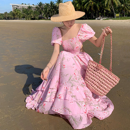 2025 floral bubble sleeves vacation seaside dress for women, thin waist super fairy pendulum long dress to ankle