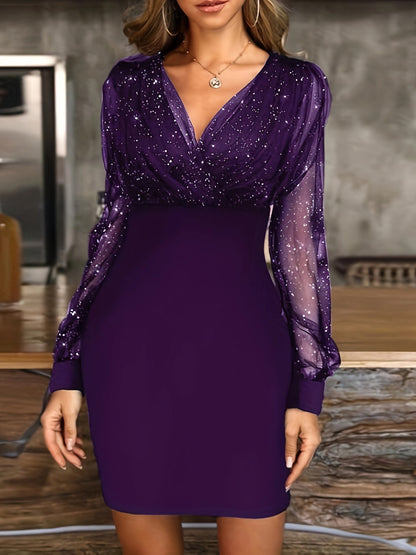 LOVERCCR  Cross-Border European and American Women's Clothing New Mesh Stitching Sexy Elegant Retro V-neck Party Club Dress Dress