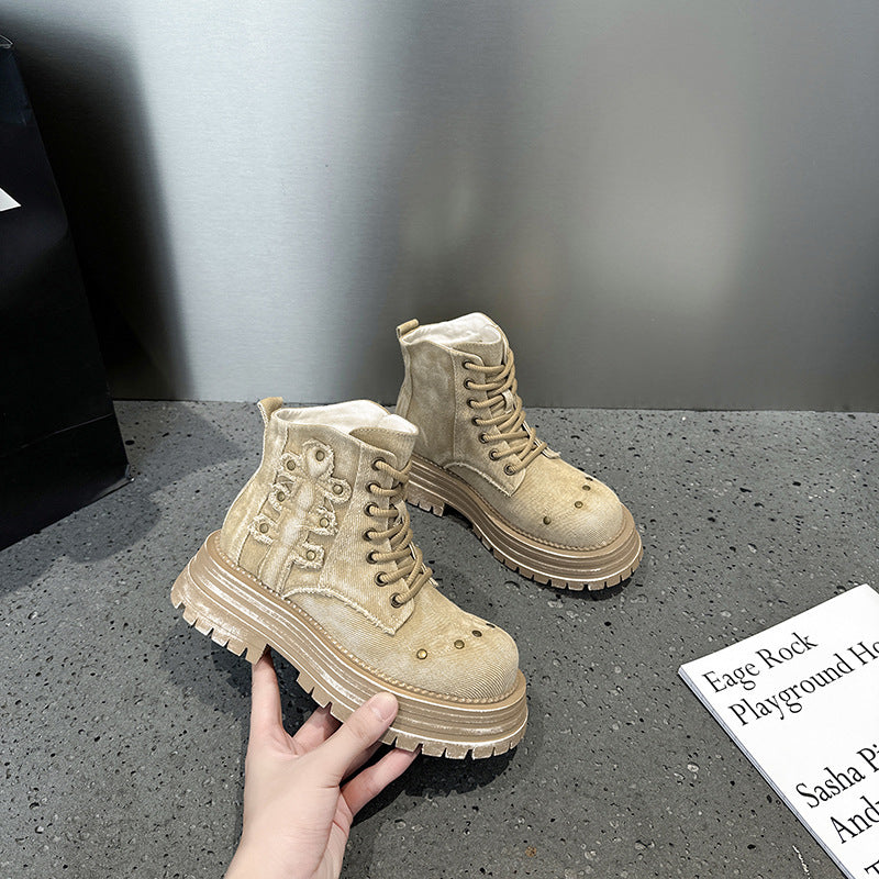 2025 Retro cowboy boots Ripped Martin boots Women's summer and autumn old thick-soled short boots British style single boots Small tooling boots
