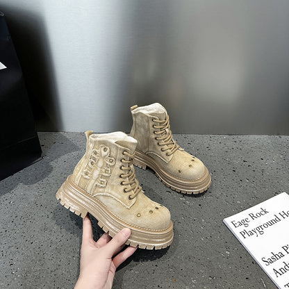 2025 Retro cowboy boots Ripped Martin boots Women's summer and autumn old thick-soled short boots British style single boots Small tooling boots