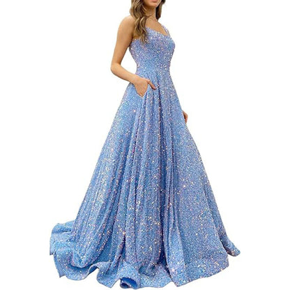 LOVECCR Foreign Trade  Prom Dresses Long A- line Formal Evening Gown with Pockets Side Slit Glitter Party Dress