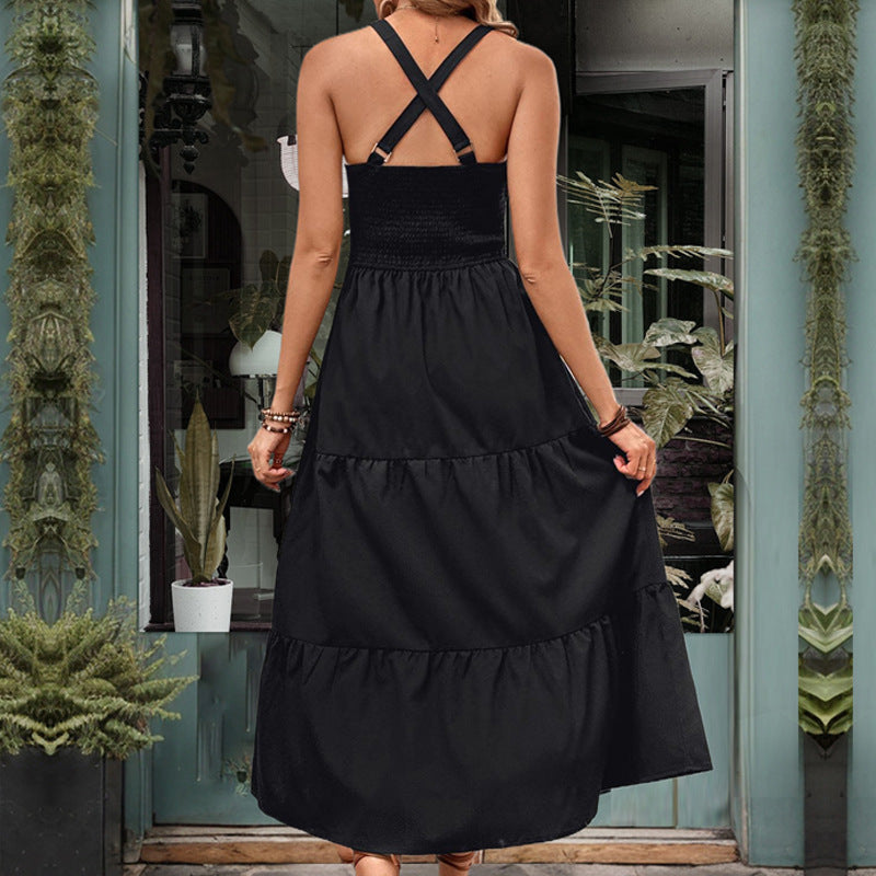 LOVECCR 2025 V-neck temperament dress  hot sale new suspender high waist split dress women