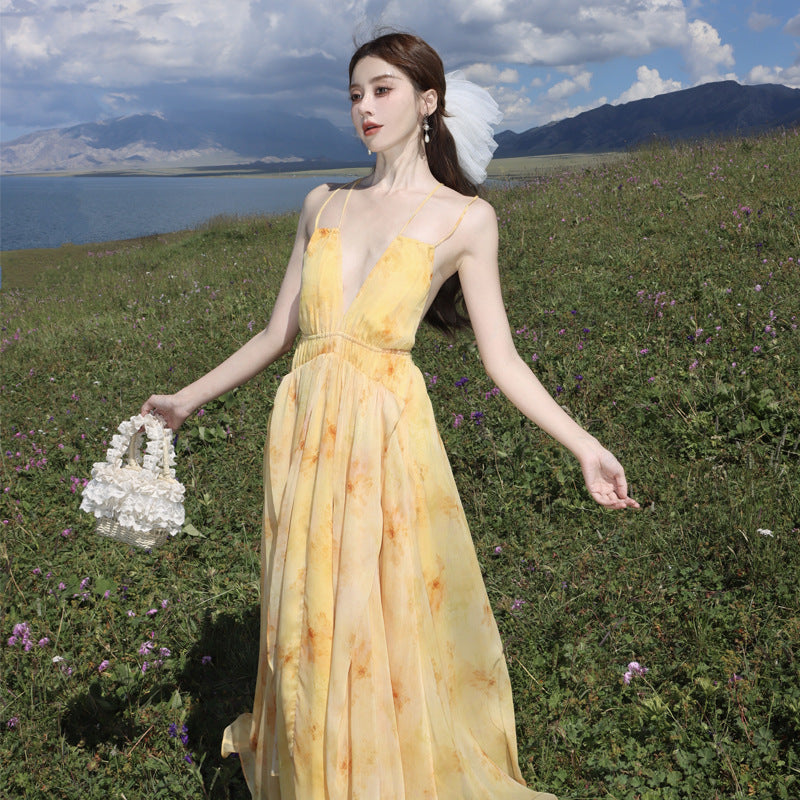 2025 Super fairy atmosphere vacation wind sun smudged yellow halter suspender dress summer travel beach photo dress