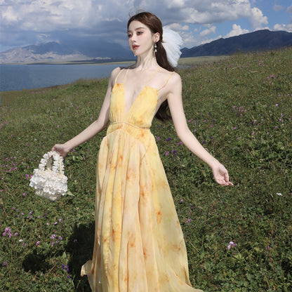 2025 Super fairy atmosphere vacation wind sun smudged yellow halter suspender dress summer travel beach photo dress