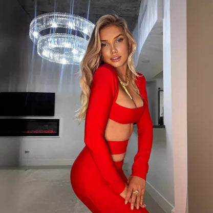 LOVECCR Premium suit New two-piece set, black red long-sleeved top, elastic bandage long dress, 2025 women's clothing, autumn and winter