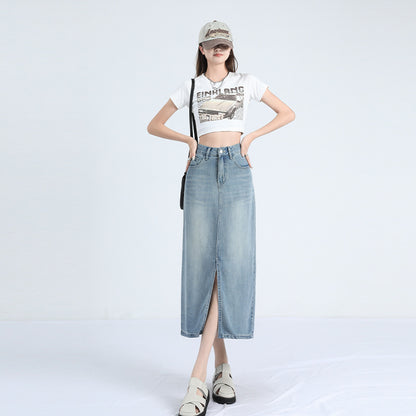 Lyocell Denim Skirt Women's Summer Thin High Waist Loose Split Ice Silk A- line Medium Long Sheath Skirt
