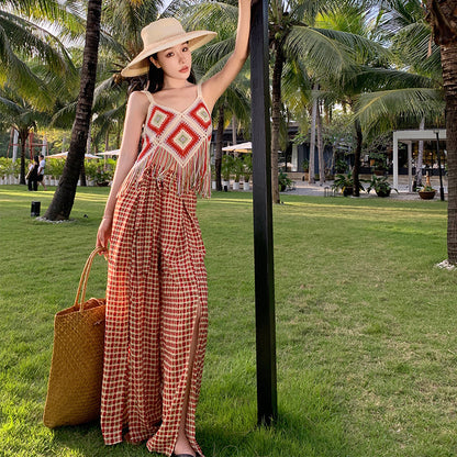 2025 Loose wide-leg pants women's summer Thailand vacation trousers high waist lazy drop pants plaid split drape floor pants