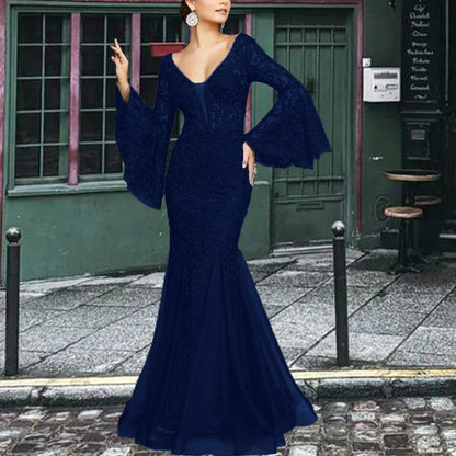 2025 New new  women's clothing  dress lace embroidered fishtail black slim-fitting evening dress